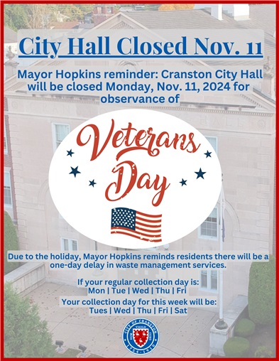 Mayor Hopkins Reminder: City Hall Closed Nov. 11, Veterans Day